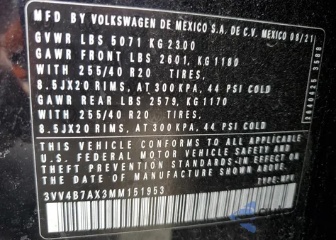 2021 Volkswagen Tiguan Sel Premium R-Line z USA, uszkodzony, nr VIN 3VV4B7AX3MM151953